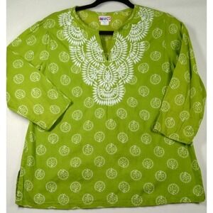 American Sweetheart Women's Tunic Embroiry S Green V-neck  hippie 3/4 Sleeve‎